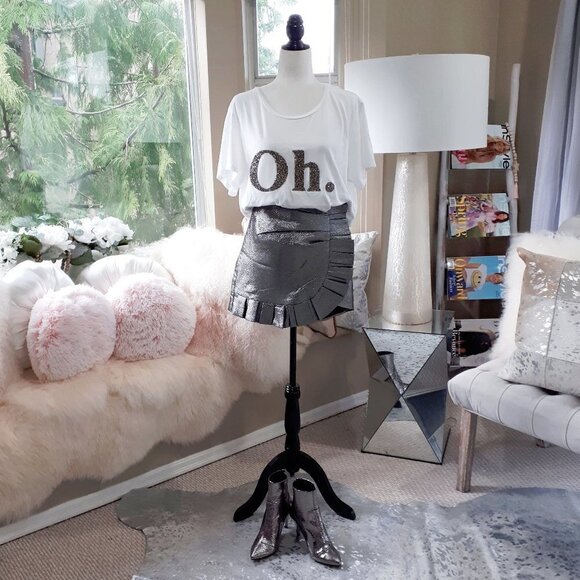 NWT Do+Be charcoal grey silver metallic thread pleated asymmetrical miniskirt, M - Picture 5 of 13